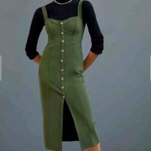 Anthropologie Green and White Buttoned Sheath Dress with Sweetheart Neckline